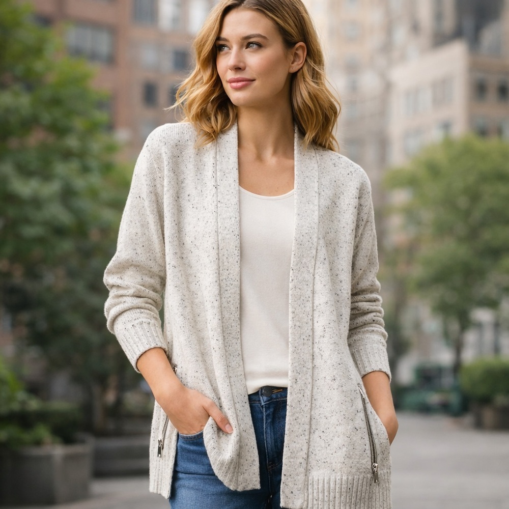 T by Talbots Speckled Open-Front Cardigan Sweater β Zip Side Detail β Size Large